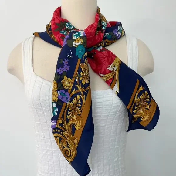 Silk Scarf Floral and Musical Instrument Print Navy Border